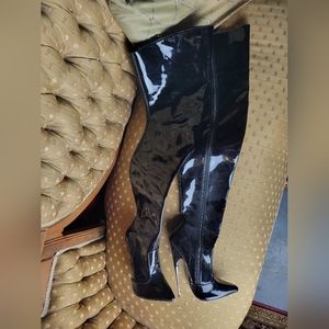 Black Patent heeled boots with metal heel